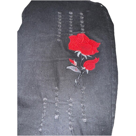 Chic Rose Floral Embroidered Ripped Design Skinny Jeans Distressed- Black 38 - Picture 4 of 7